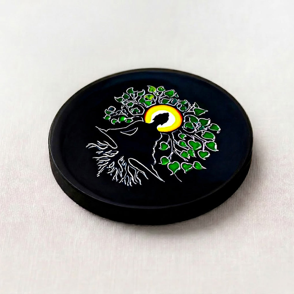 Black Agate Round Charging Plate – Lord Buddha Under Bodhi Tree Sticker