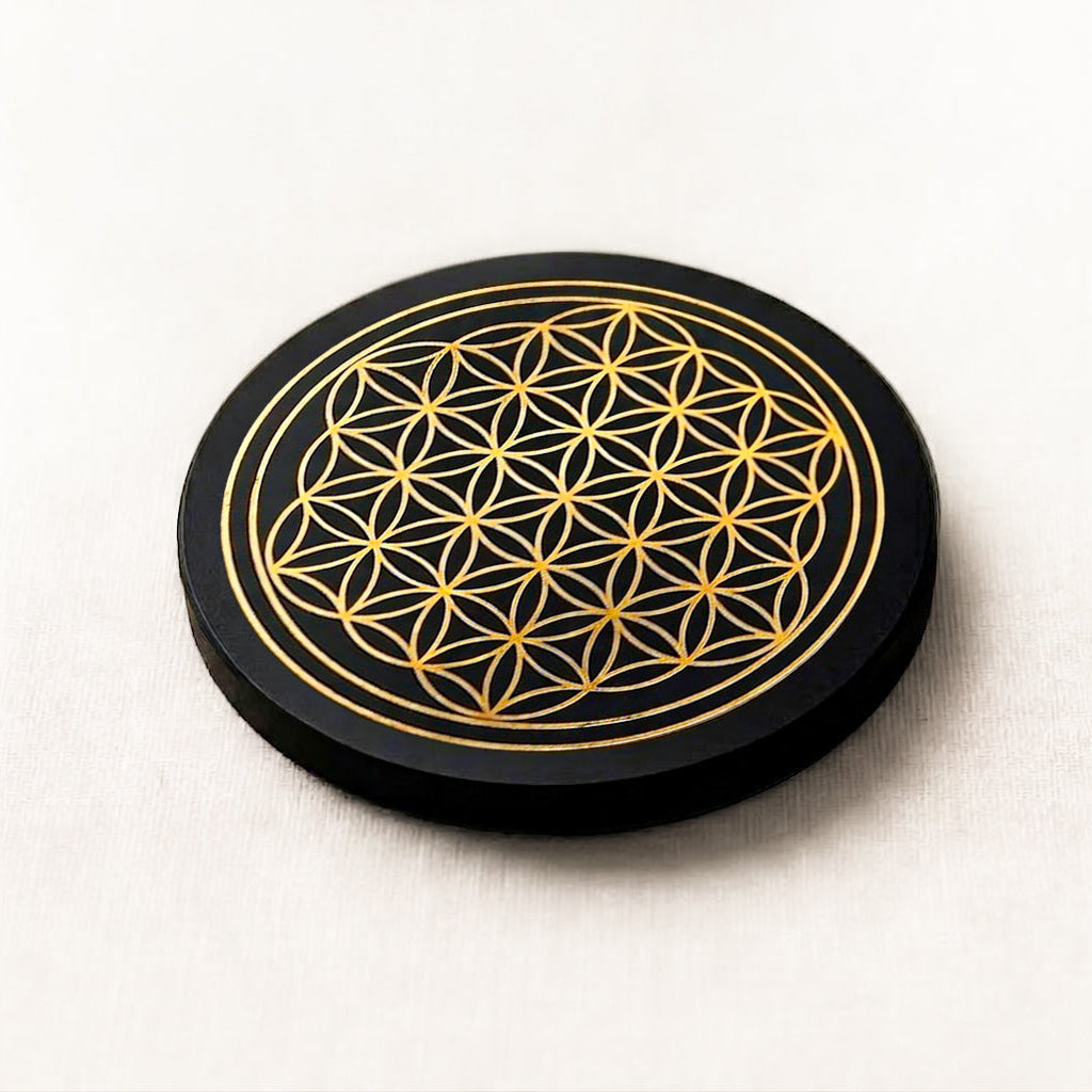 Black Agate Round Charging Plate – Flower of Life Symbol (Gold)