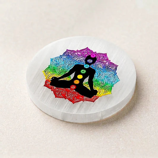 Selenite Round Charging Plate – 7 Chakra with Meditation Sticker