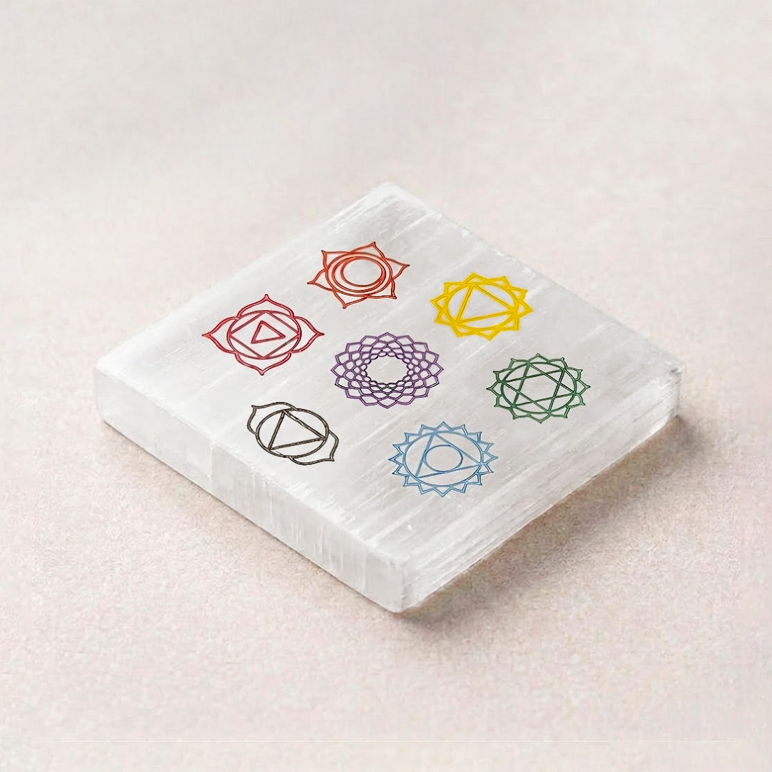 Selenite Square Charging Plate – 7 Chakra Coloured Symbols
