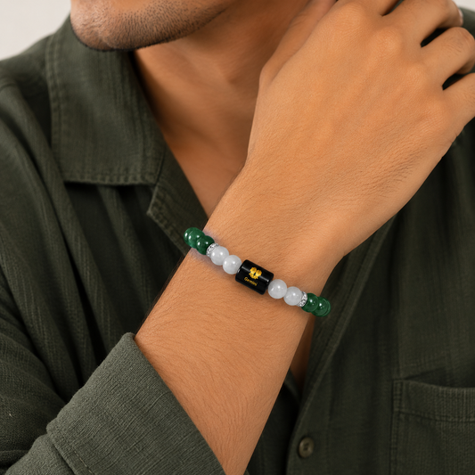 Gemini Zodiac Bracelet benefits infographic - Green Aventurine, Milky Quartz, Selenite Plate