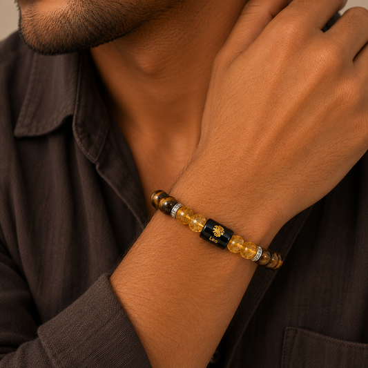 Leo Zodiac Bracelet benefits infographic - Tiger Eye, Citrine, Selenite Plate