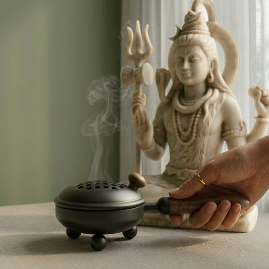 Dome-Shaped 8.50-Inch Matte Black Cast Iron Smudging Pot with Turned Wooden Handle for Sage and Incense