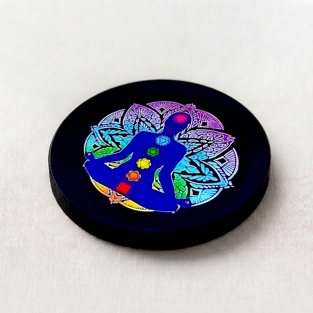 Black Agate Round Charging Plate – Mandala with 7 Chakra Meditation Figure Sticker