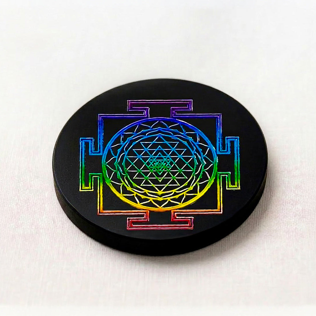 Black Agate Round Charging Plate – Shree Yantra with 7 Chakra Colours Sticker