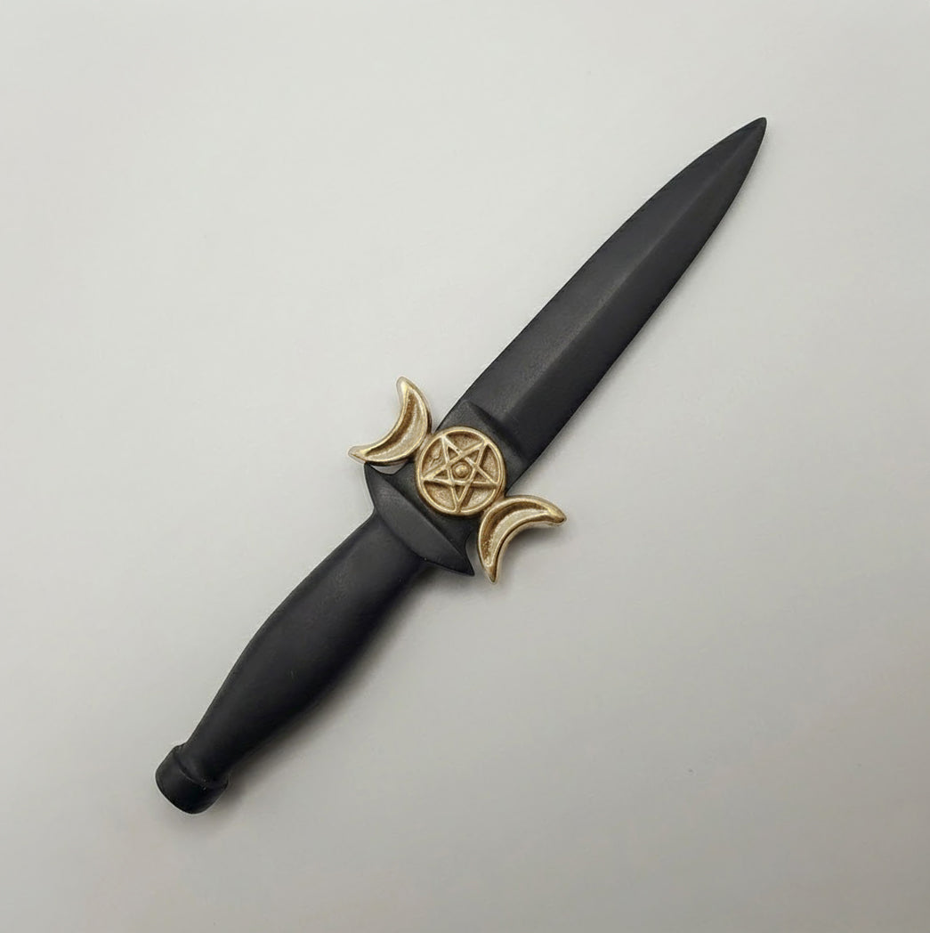 Aluminum Athame Knife (Black) with Triple Moon Symbol – 7 Inch