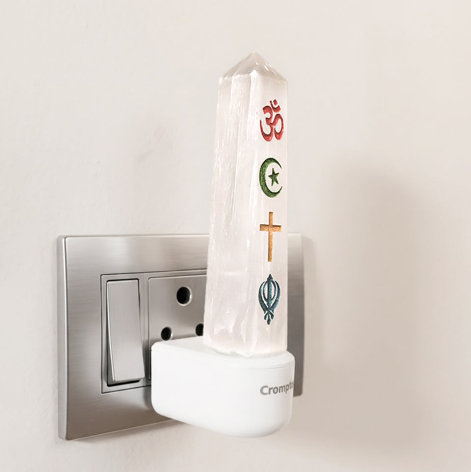 Selenite Crystal Night Lamp – Four Faiths Unity (Hindu | Islam | Christian | Sikh)