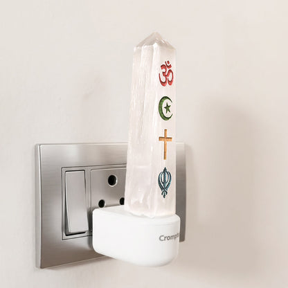 Selenite Crystal Night Lamp – Four Faiths Unity (Hindu | Islam | Christian | Sikh)