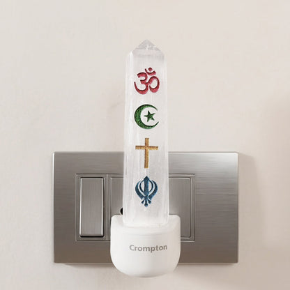 Selenite Crystal Night Lamp – Four Faiths Unity (Hindu | Islam | Christian | Sikh)