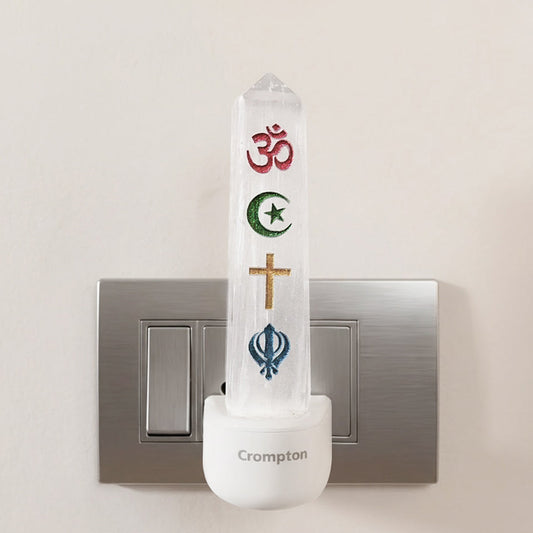 Selenite Crystal Night Lamp – Four Faiths Unity (Hindu | Islam | Christian | Sikh)