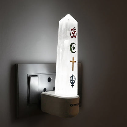 Selenite Crystal Night Lamp – Four Faiths Unity (Hindu | Islam | Christian | Sikh)
