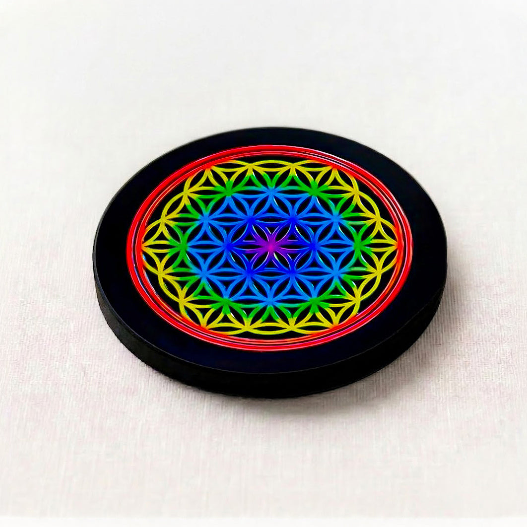 Black Agate Round Charging Plate – Flower of Life with 7 Chakra Colours