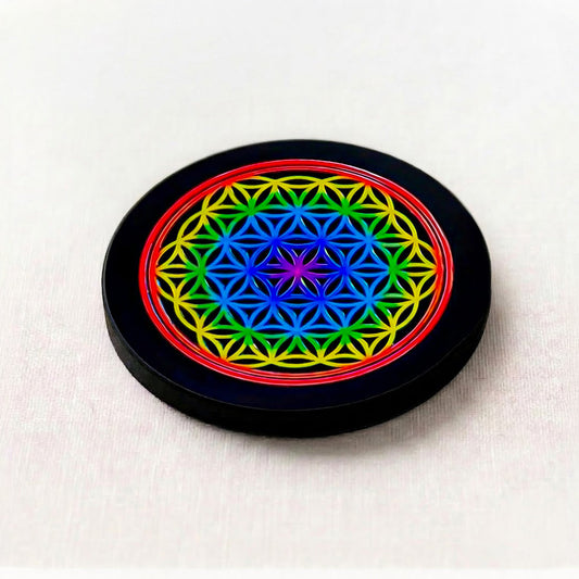 Black Agate Round Charging Plate – Flower of Life with 7 Chakra Colours