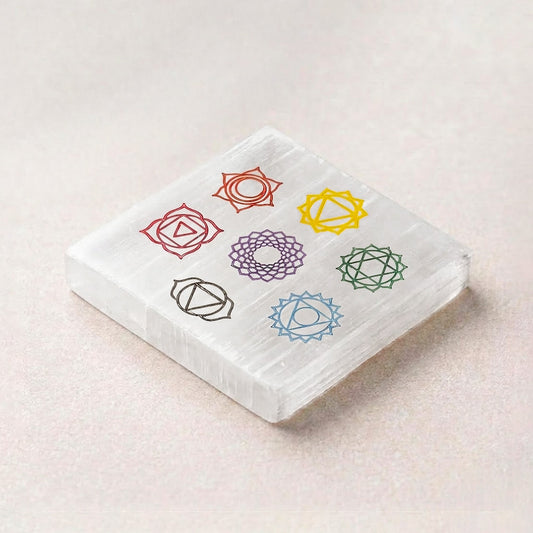 Selenite Square Charging Plate – 7 Chakra Coloured Symbols
