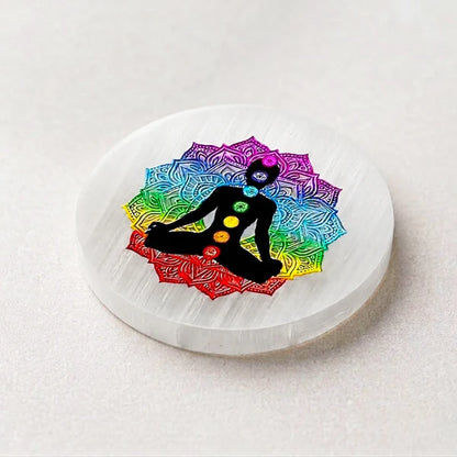 Selenite Round Charging Plate – 7 Chakra with Meditation Sticker