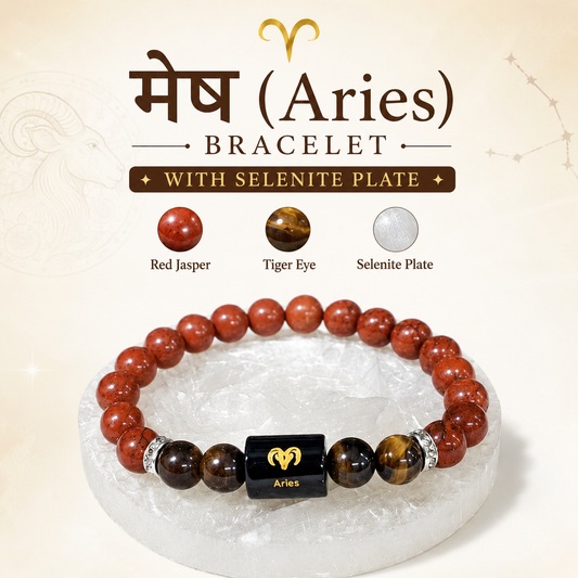 Aries Zodiac Bracelet with Red Jasper and Tiger Eye on Selenite Plate