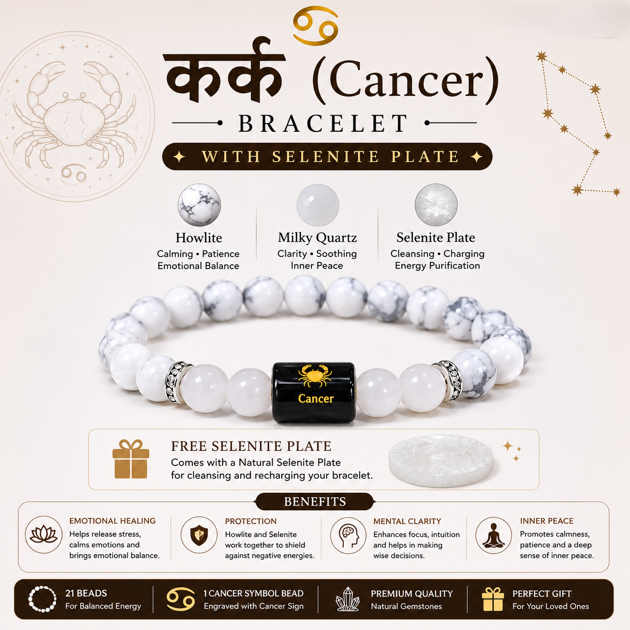 Cancer Bracelet benefits infographic - Howlite, Milky Quartz, Selenite Plate