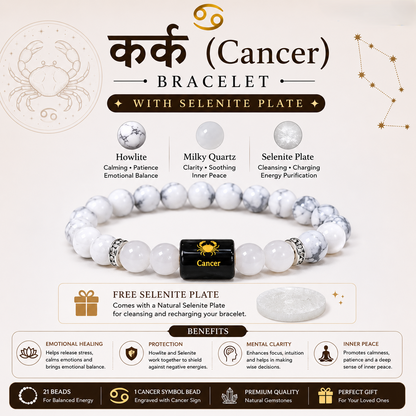 Cancer Bracelet benefits infographic - Howlite, Milky Quartz, Selenite Plate