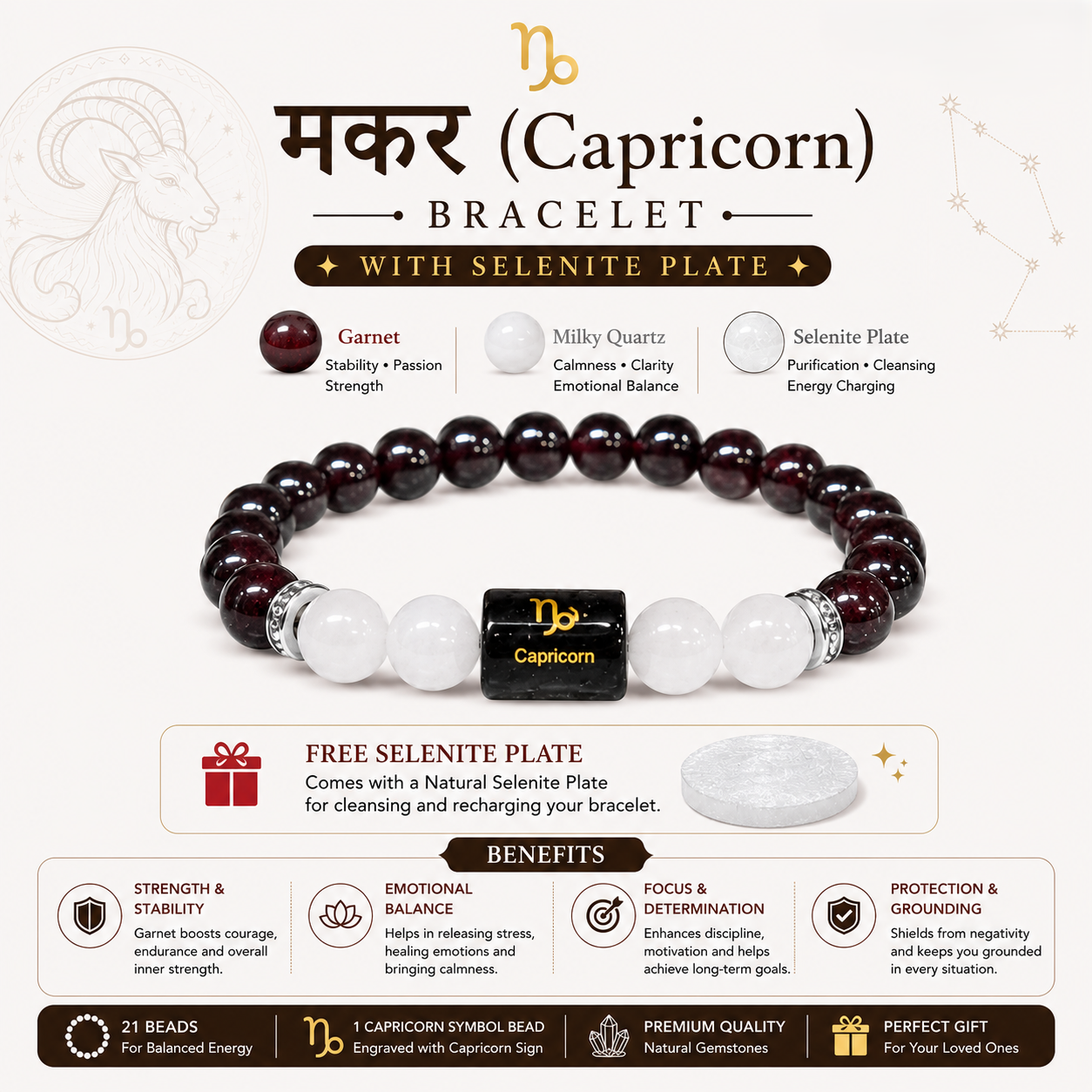 Capricorn Bracelet benefits infographic - Garnet, Milky Quartz, Selenite Plate