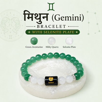 Gemini Zodiac Bracelet with Green Aventurine and Milky Quartz on Selenite Plate