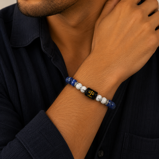Libra Zodiac Bracelet benefits infographic - Lapis Lazuli, Howlite, Selenite Plate