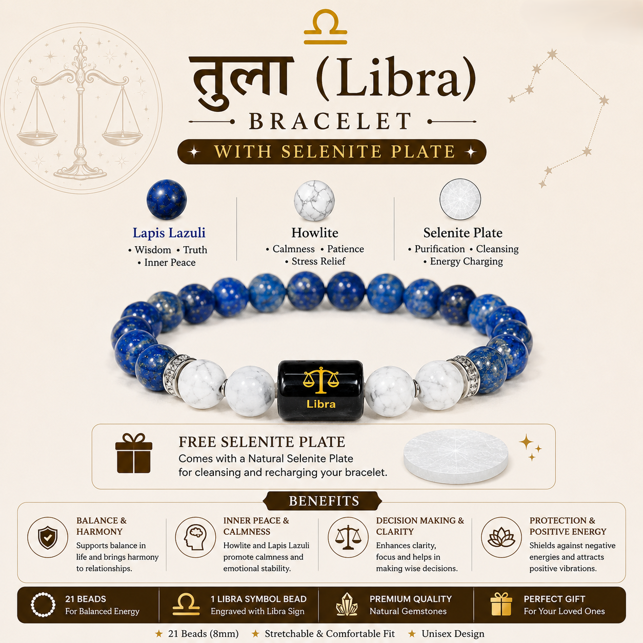 Libra Bracelet flat lay with Selenite Plate