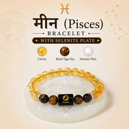 Pisces Zodiac Bracelet with Citrine and Black Tiger Eye on Selenite Plate