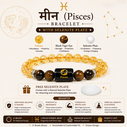 Pisces Bracelet benefits infographic - Citrine, Black Tiger Eye, Selenite Plate