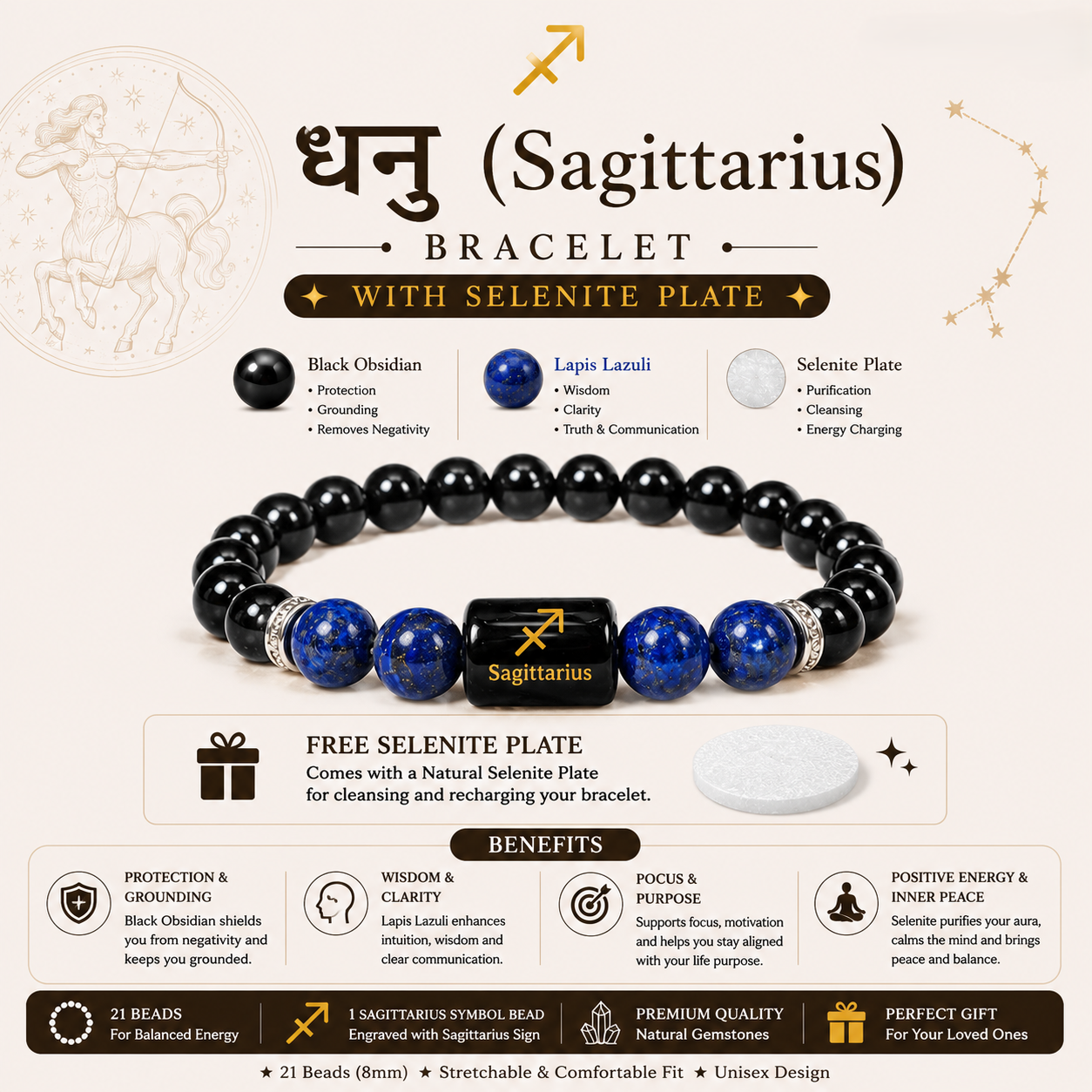 Sagittarius Bracelet benefits infographic - Black Obsidian, Lapis Lazuli, Selenite Plate