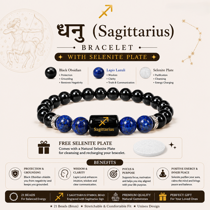 Sagittarius Bracelet benefits infographic - Black Obsidian, Lapis Lazuli, Selenite Plate
