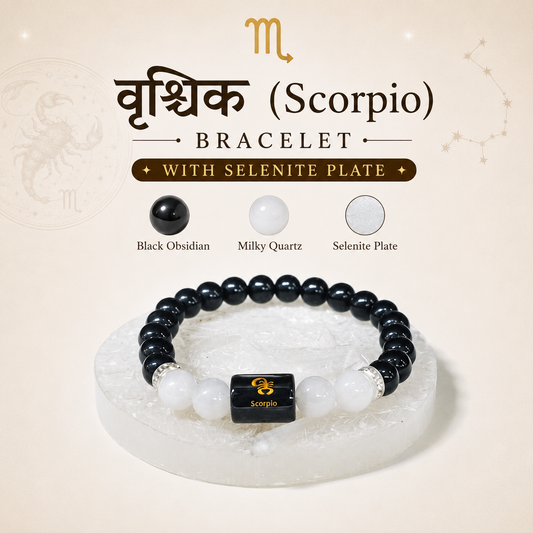 Scorpio Zodiac Bracelet with Black Obsidian and Milky Quartz on Selenite Plate