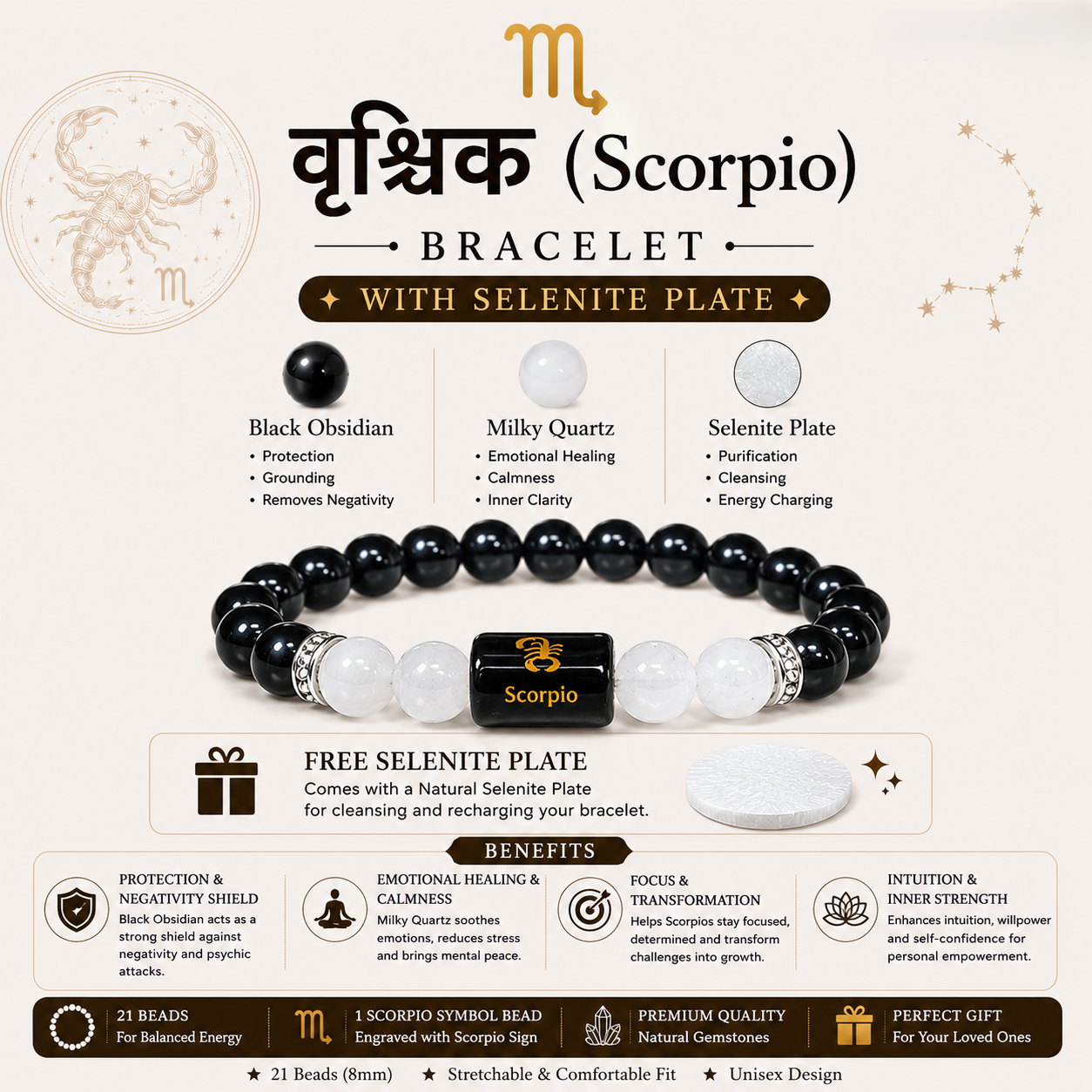 Scorpio Bracelet benefits infographic - Black Obsidian, Milky Quartz, Selenite Plate