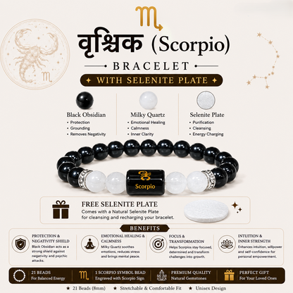 Scorpio Bracelet benefits infographic - Black Obsidian, Milky Quartz, Selenite Plate