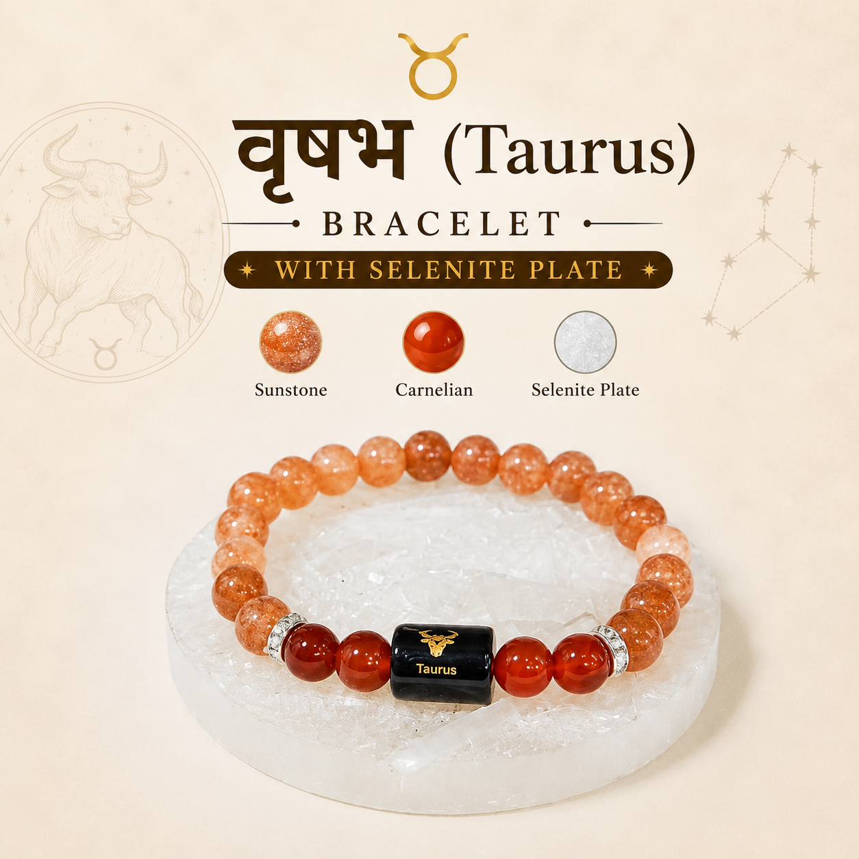 Taurus Zodiac Bracelet with Sunstone and Carnelian on Selenite Plate