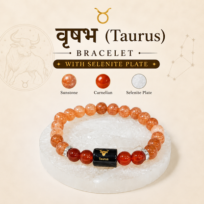 Taurus Zodiac Bracelet with Sunstone and Carnelian on Selenite Plate