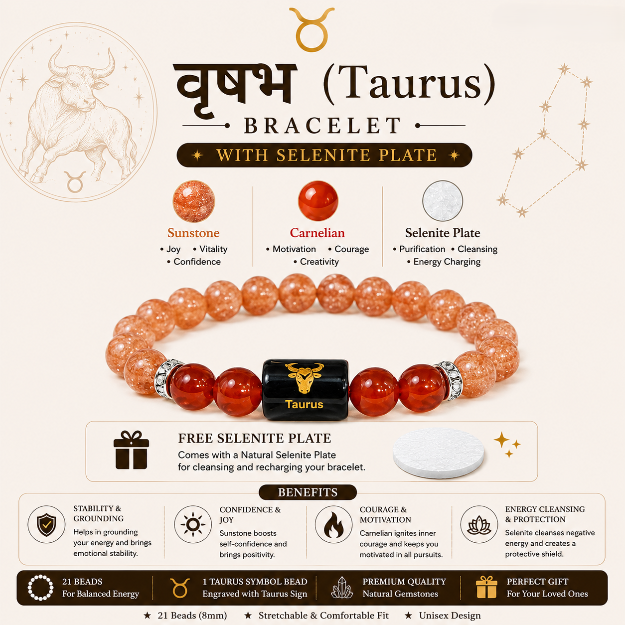 Taurus Bracelet benefits infographic - Sunstone, Carnelian, Selenite Plate
