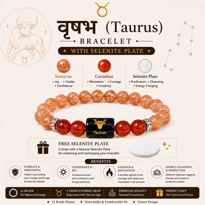 Taurus Bracelet benefits infographic - Sunstone, Carnelian, Selenite Plate
