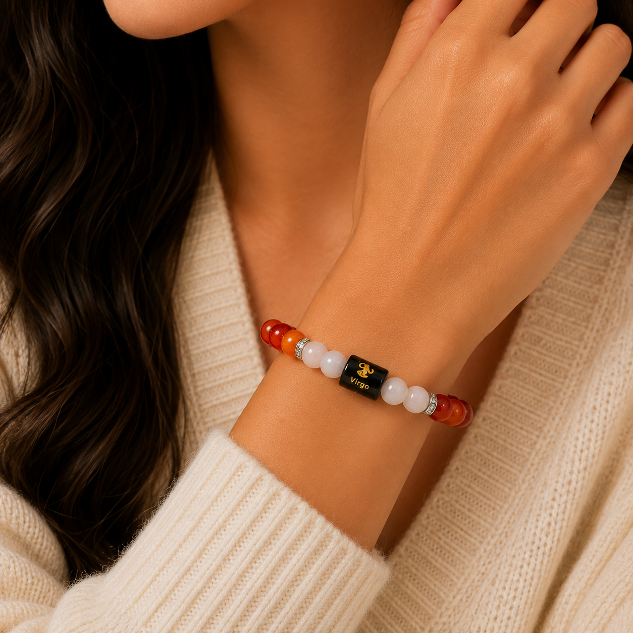 Natural Virgo Zodiac Bracelet with Carnelian & Milky Quartz | Includes Selenite Charging Plate