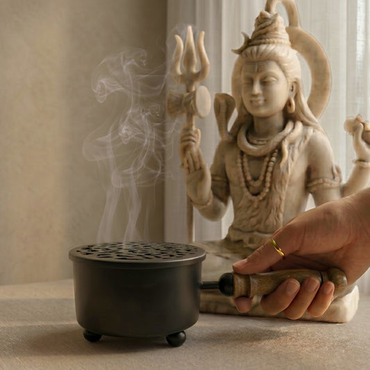 Round 9-Inch Matte Black Cast Iron Smudging Pot with Turned Wooden Handle for Sage and Incense