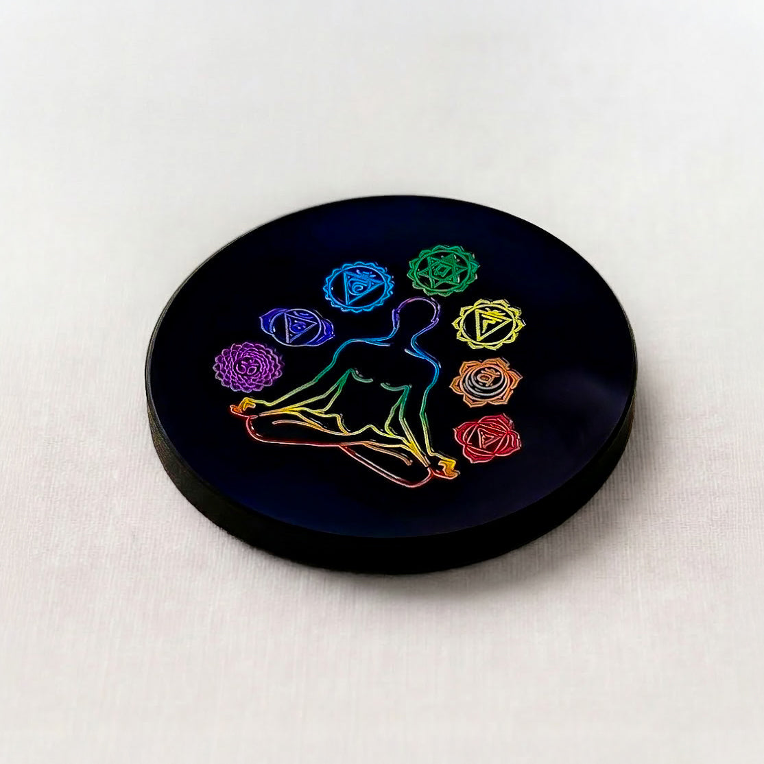 Black Agate Round Charging Plate – Meditation Pose with 7 Chakra Symbols Sticker