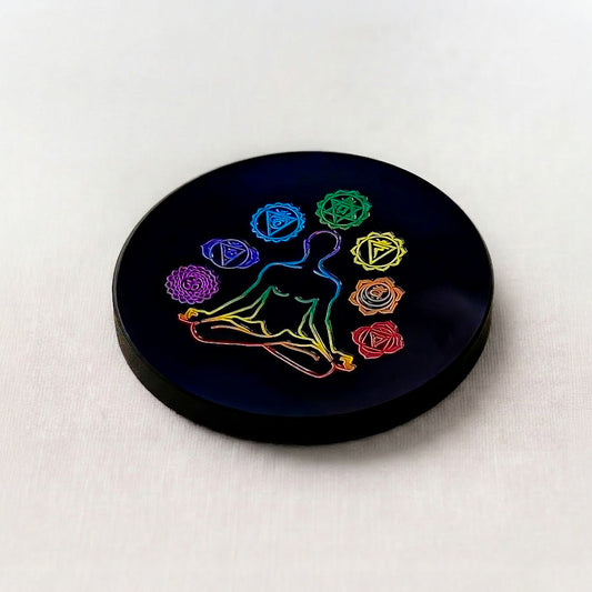 Black Agate Round Charging Plate – Meditation Pose with 7 Chakra Symbols Sticker