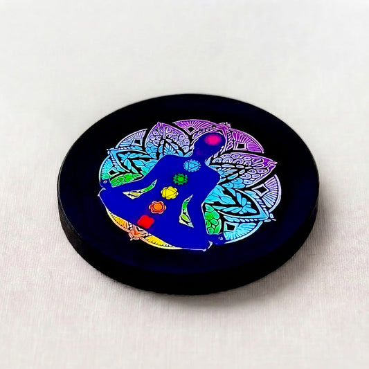 Black Agate Round Charging Plate – Mandala with 7 Chakra Meditation Figure Sticker