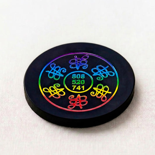 Black Agate Round Charging Plate – Zibu Symbol with Angelic Numbers Sticker