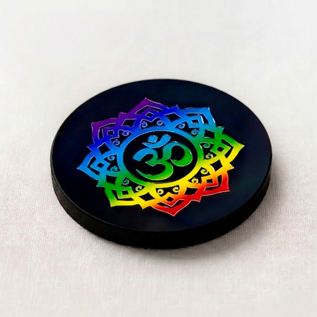 Black Agate Round Charging Plate – Rainbow Om Mandala with 7 Chakra Colours Sticker
