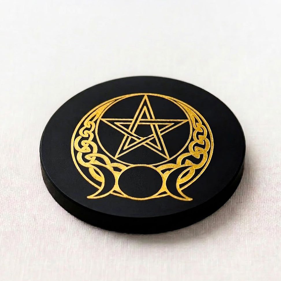 Black Agate Round Charging Plate – Triple Goddess & Pentagram