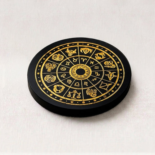 Black Agate Round Charging Plate – Astrological Zodiac Wheel