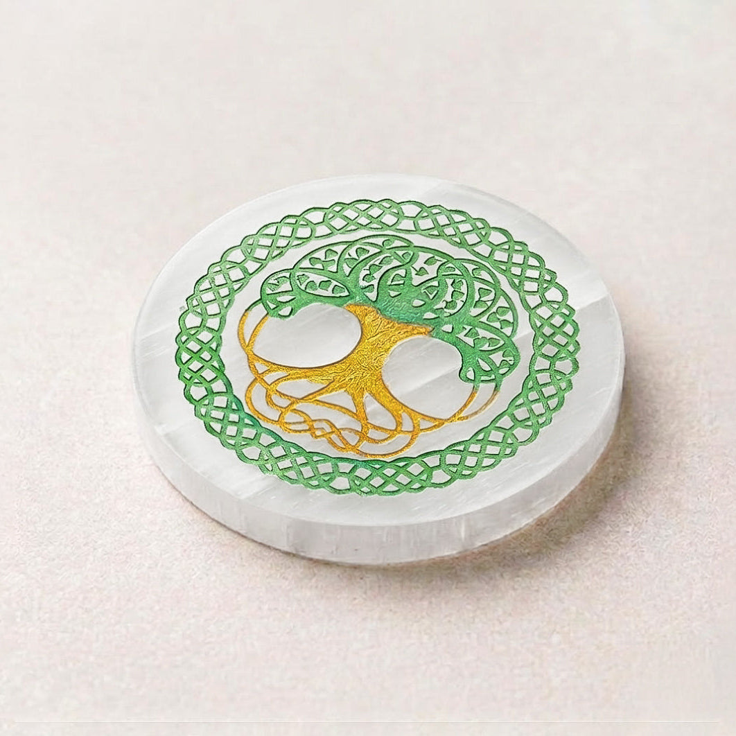 Selenite Round Charging Plate – Coloured Tree of Life