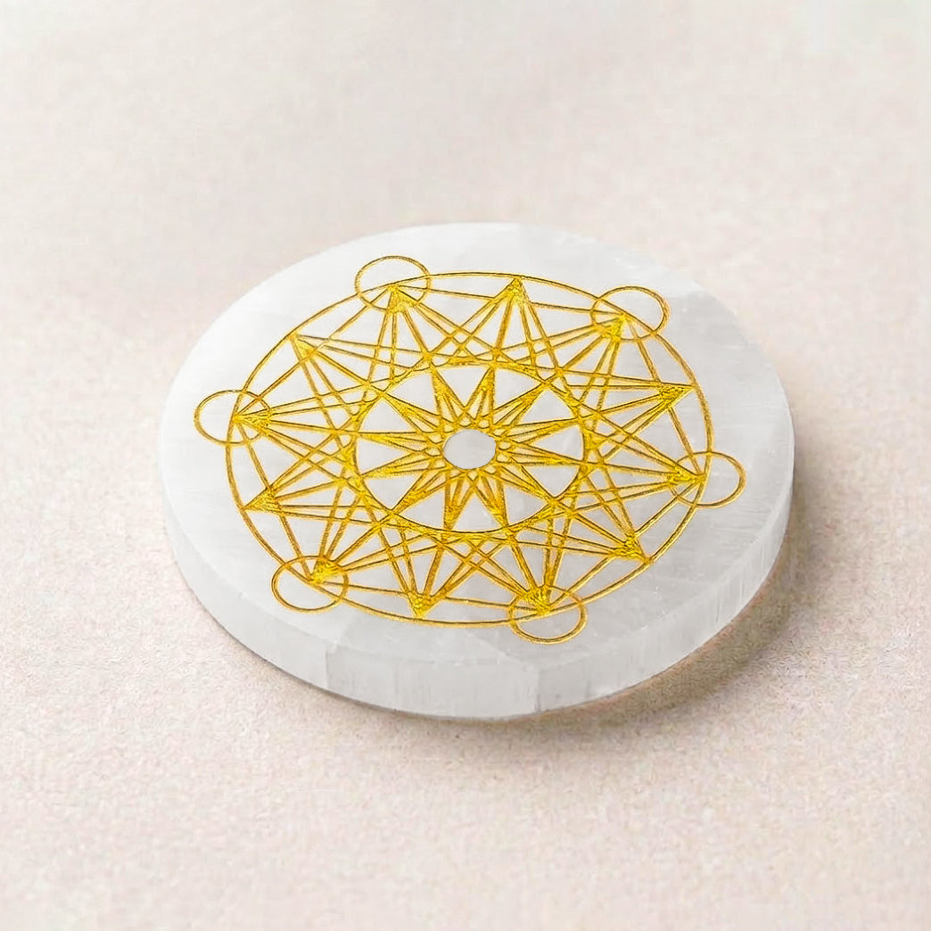 Selenite Round Charging Plate – Metatron's Cube Star Symbol