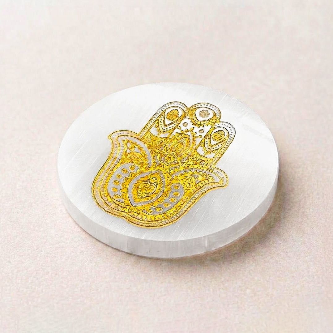 Selenite Round Charging Plate – Hamsa Hand Symbol