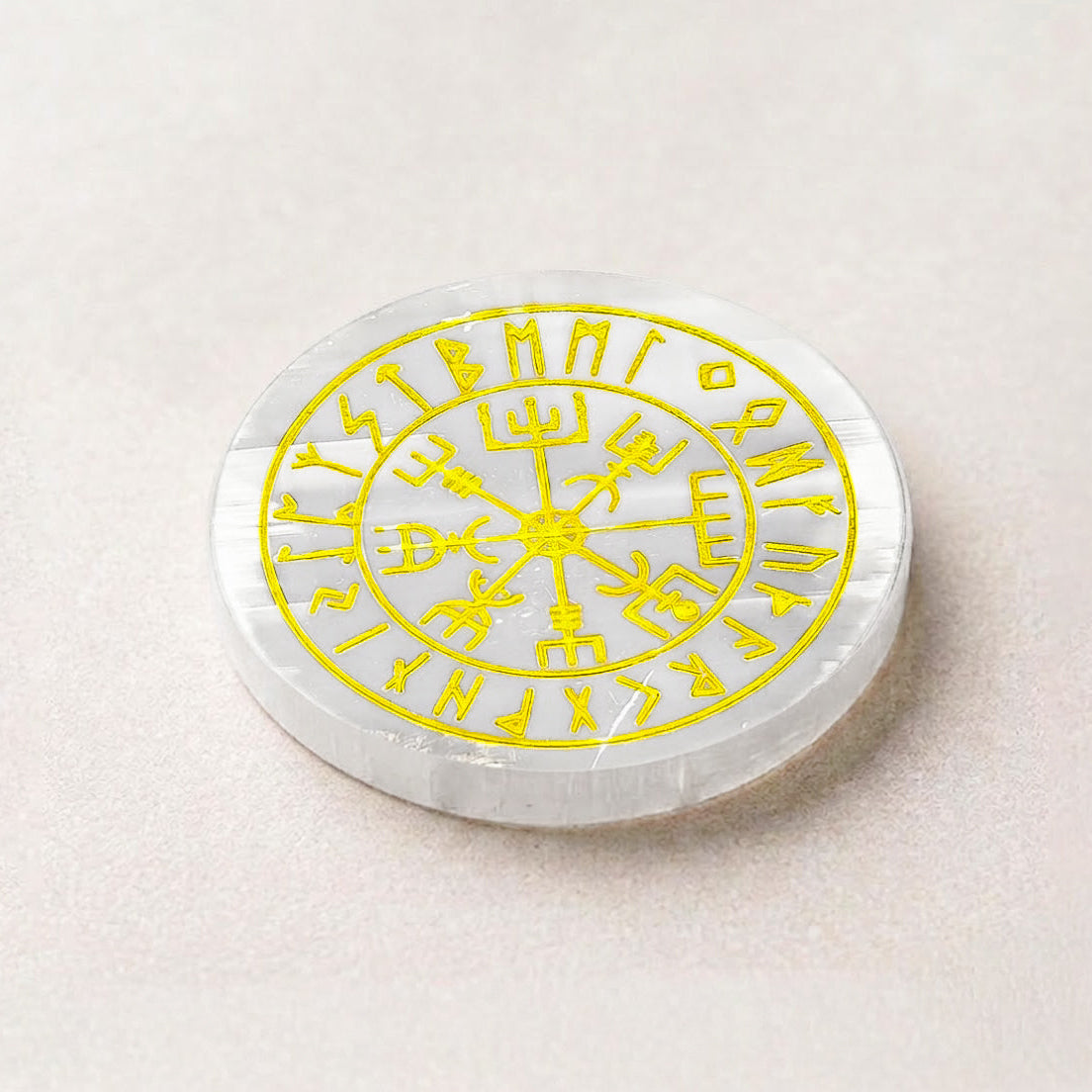 Selenite Round Charging Plate – Viking Runic Compass (Vegvisir)